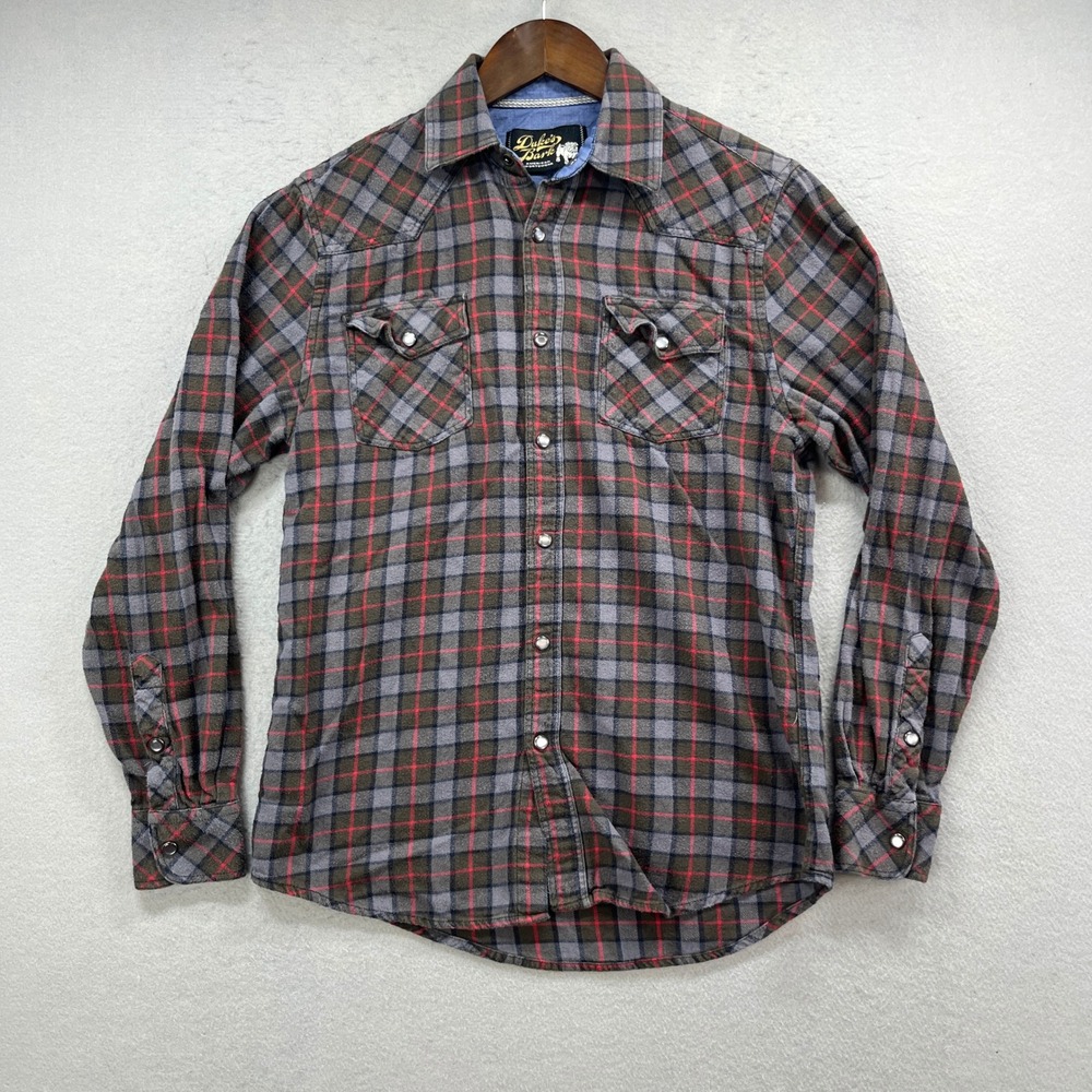 Dukes‎ Bark Western Shirt Mens S Gray Red Plaid Pearl Snap CowboyFlannel